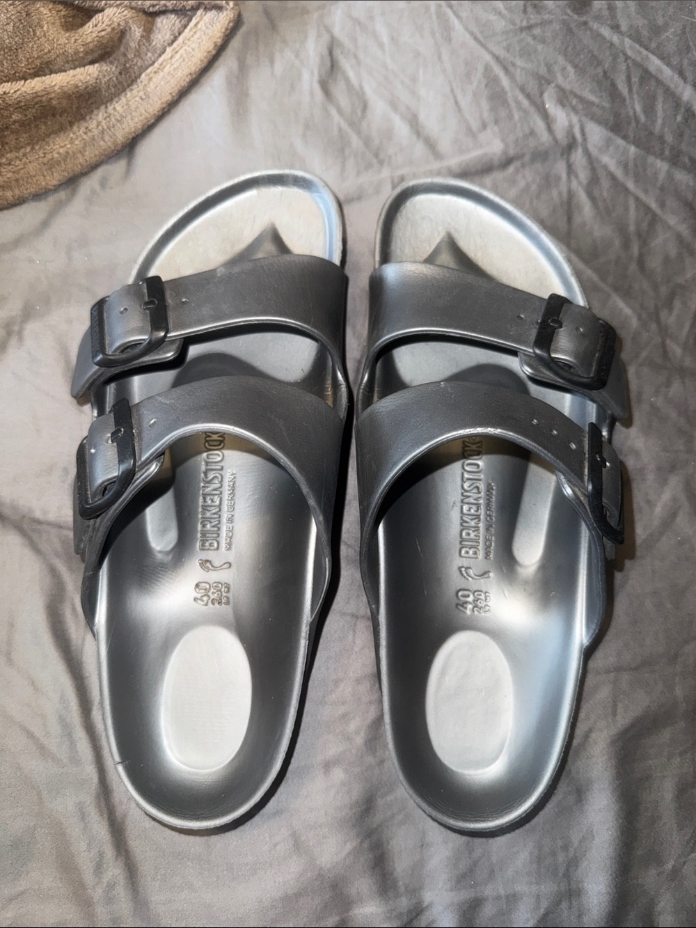 Birkenstock Arizona Double Buckle Sandals in Metallic Silver